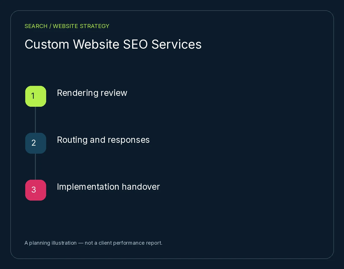Custom Website SEO Services: Rendering review, Routing and responses, Implementation handover. Planning illustration, not client results.