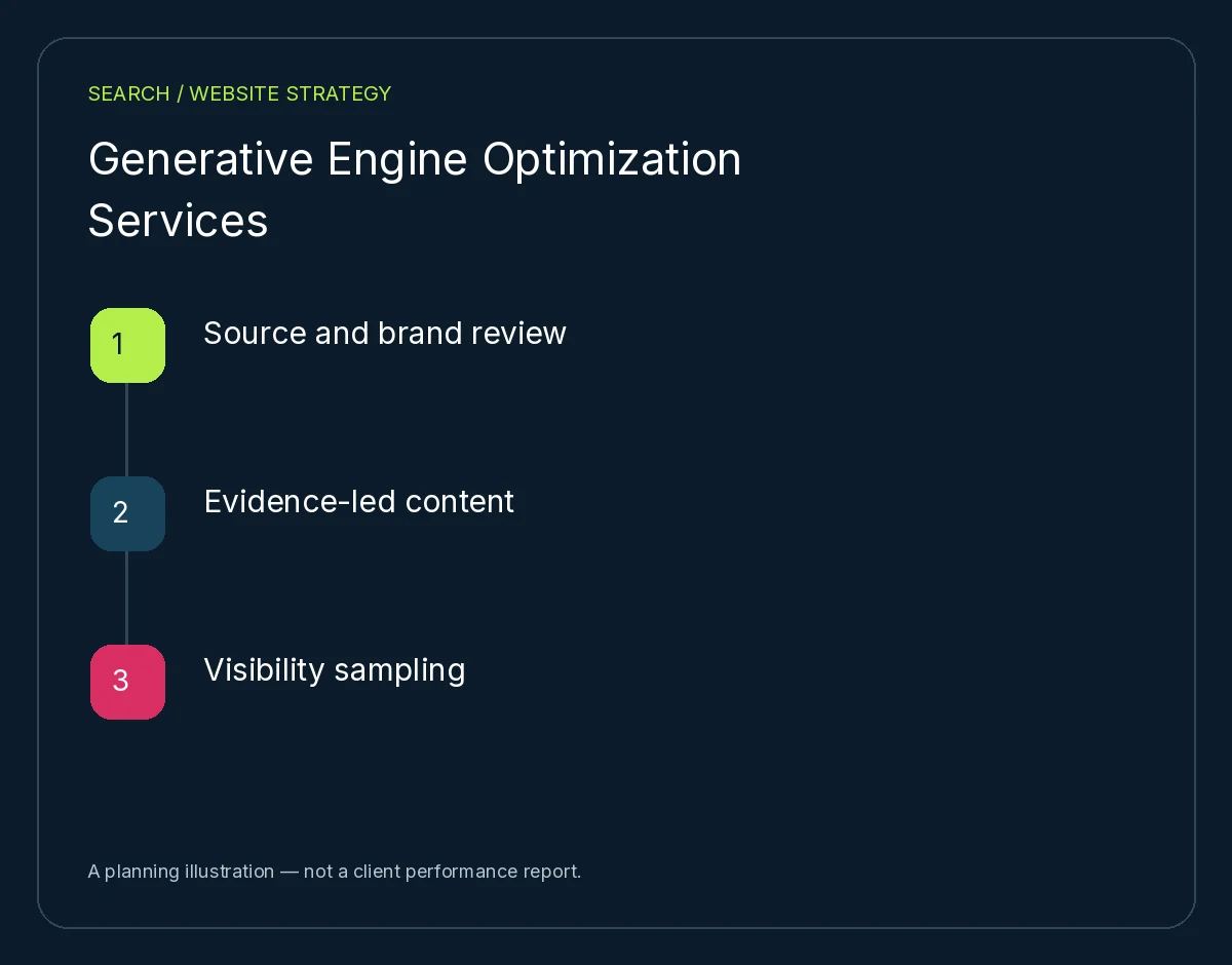 Generative Engine Optimization Services: Source and brand review, Evidence-led content, Visibility sampling. Planning illustration, not client results.