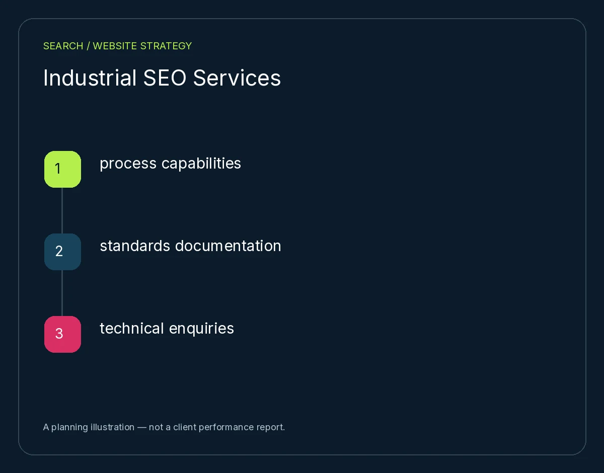 Industrial SEO Services: process capabilities, standards documentation, technical enquiries. Planning illustration, not client results.