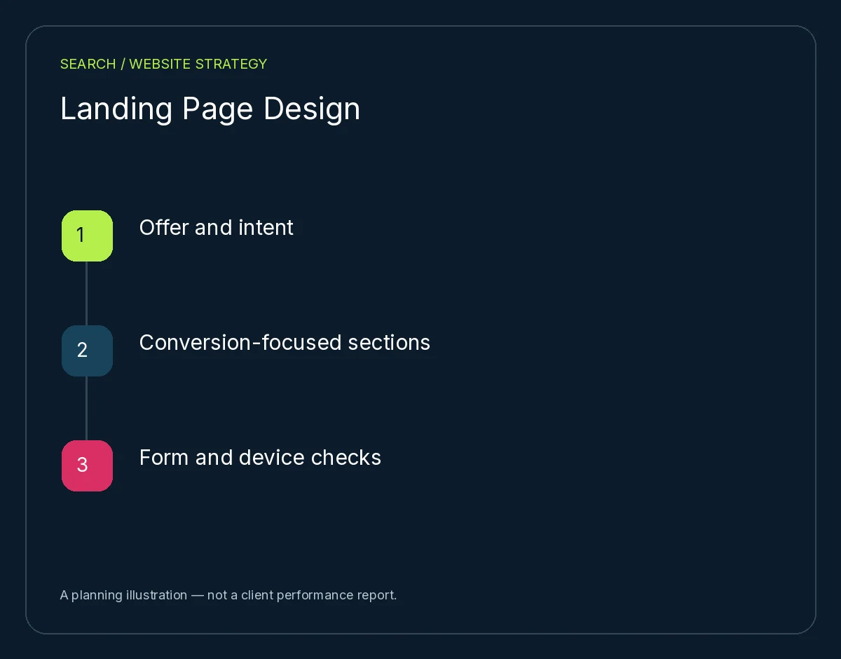 Landing Page Design: Offer and intent, Conversion-focused sections, Form and device checks. Planning illustration, not client results.