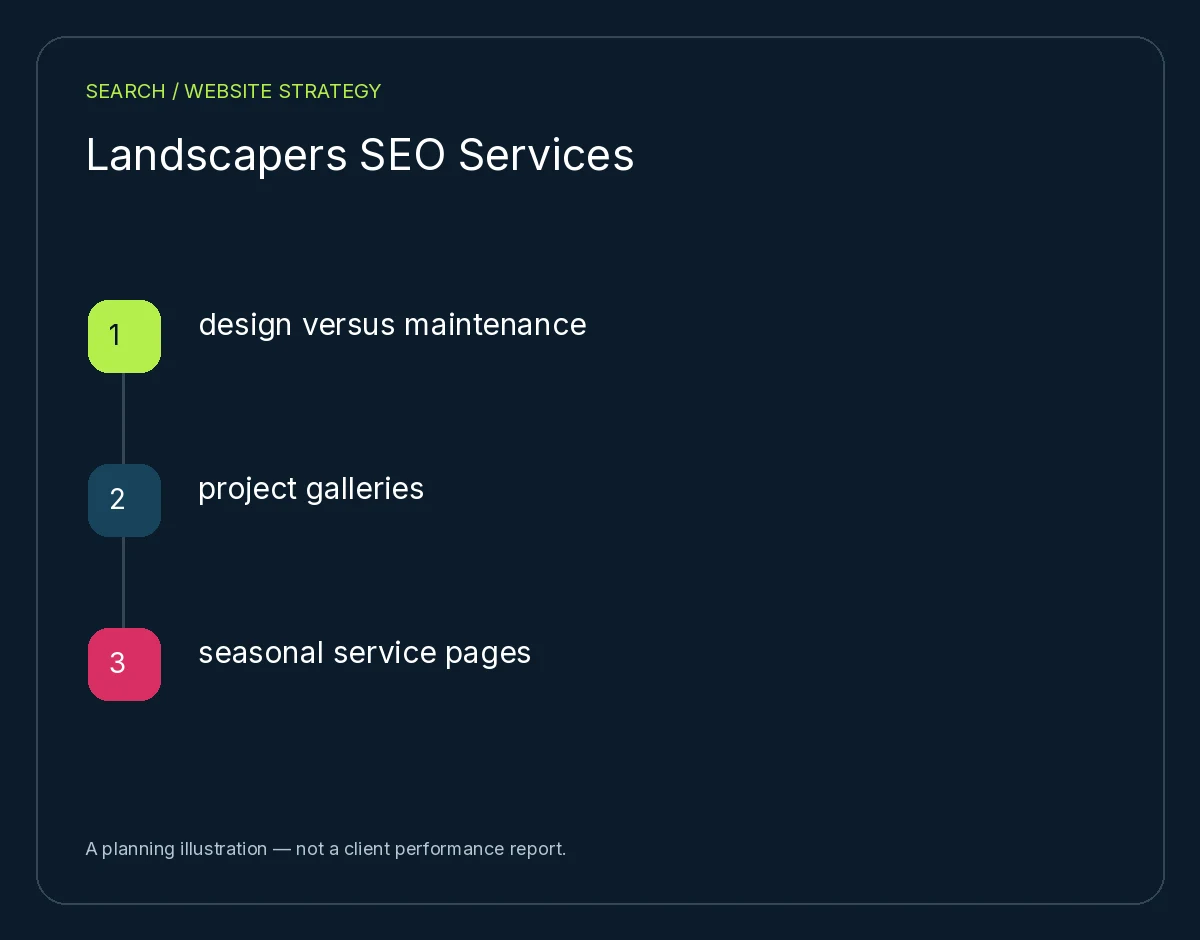 Landscapers SEO Services: design versus maintenance, project galleries, seasonal service pages. Planning illustration, not client results.