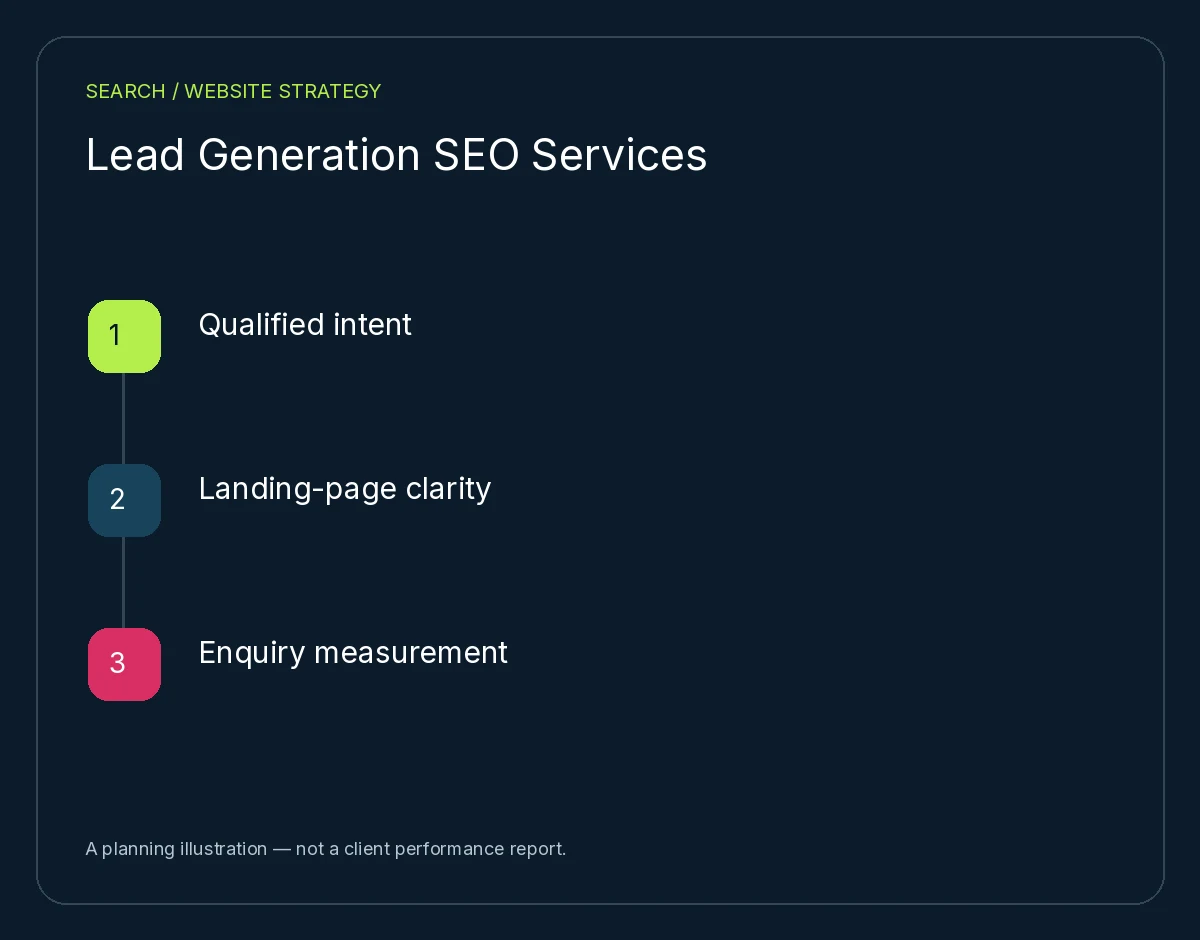 Lead Generation SEO Services: Qualified intent, Landing-page clarity, Enquiry measurement. Planning illustration, not client results.
