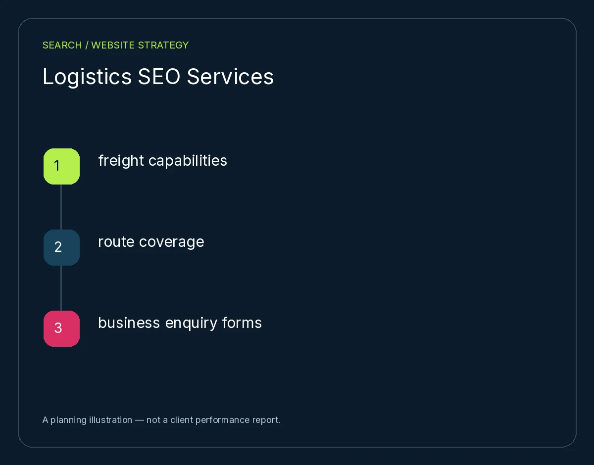 Logistics SEO Services: freight capabilities, route coverage, business enquiry forms. Planning illustration, not client results.