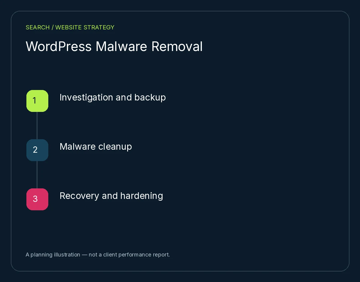 WordPress Malware Removal: Investigation and backup, Malware cleanup, Recovery and hardening. Planning illustration, not client results.