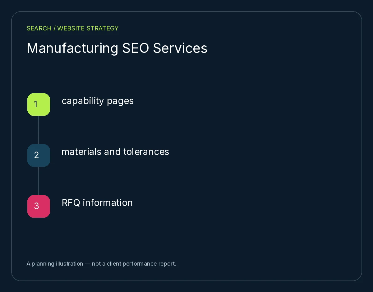 Manufacturing SEO Services: capability pages, materials and tolerances, RFQ information. Planning illustration, not client results.