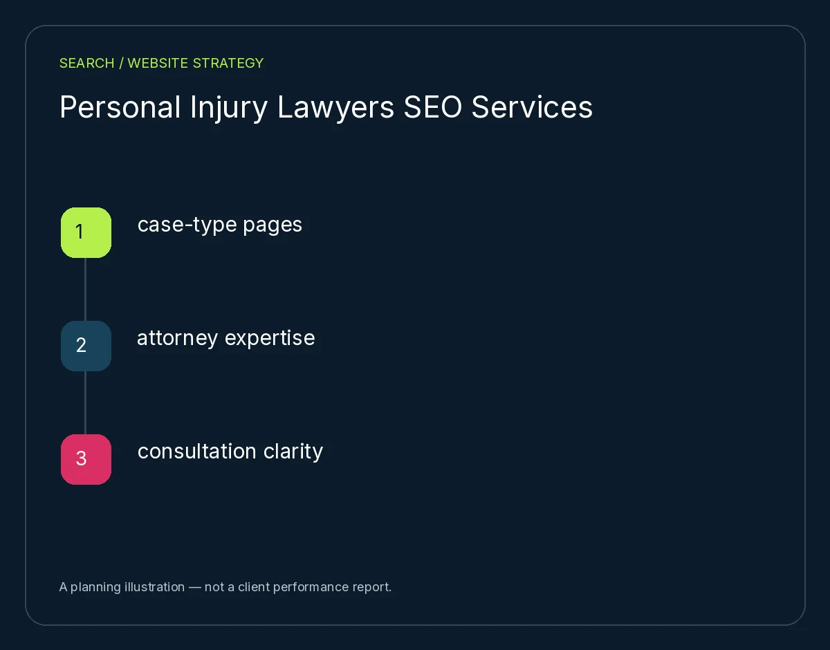 Personal Injury Lawyers SEO Services: case-type pages, attorney expertise, consultation clarity. Planning illustration, not client results.
