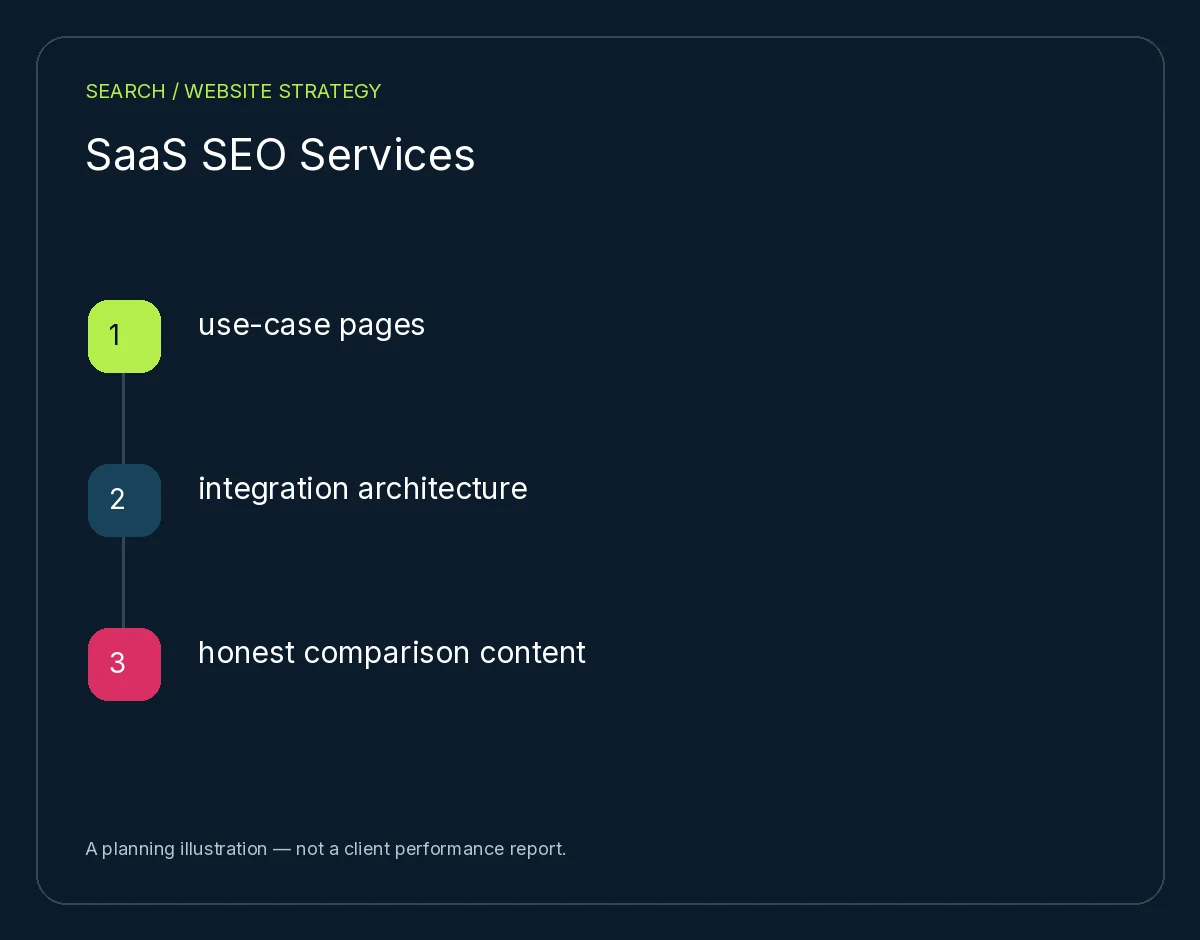 SaaS SEO Services: use-case pages, integration architecture, honest comparison content. Planning illustration, not client results.