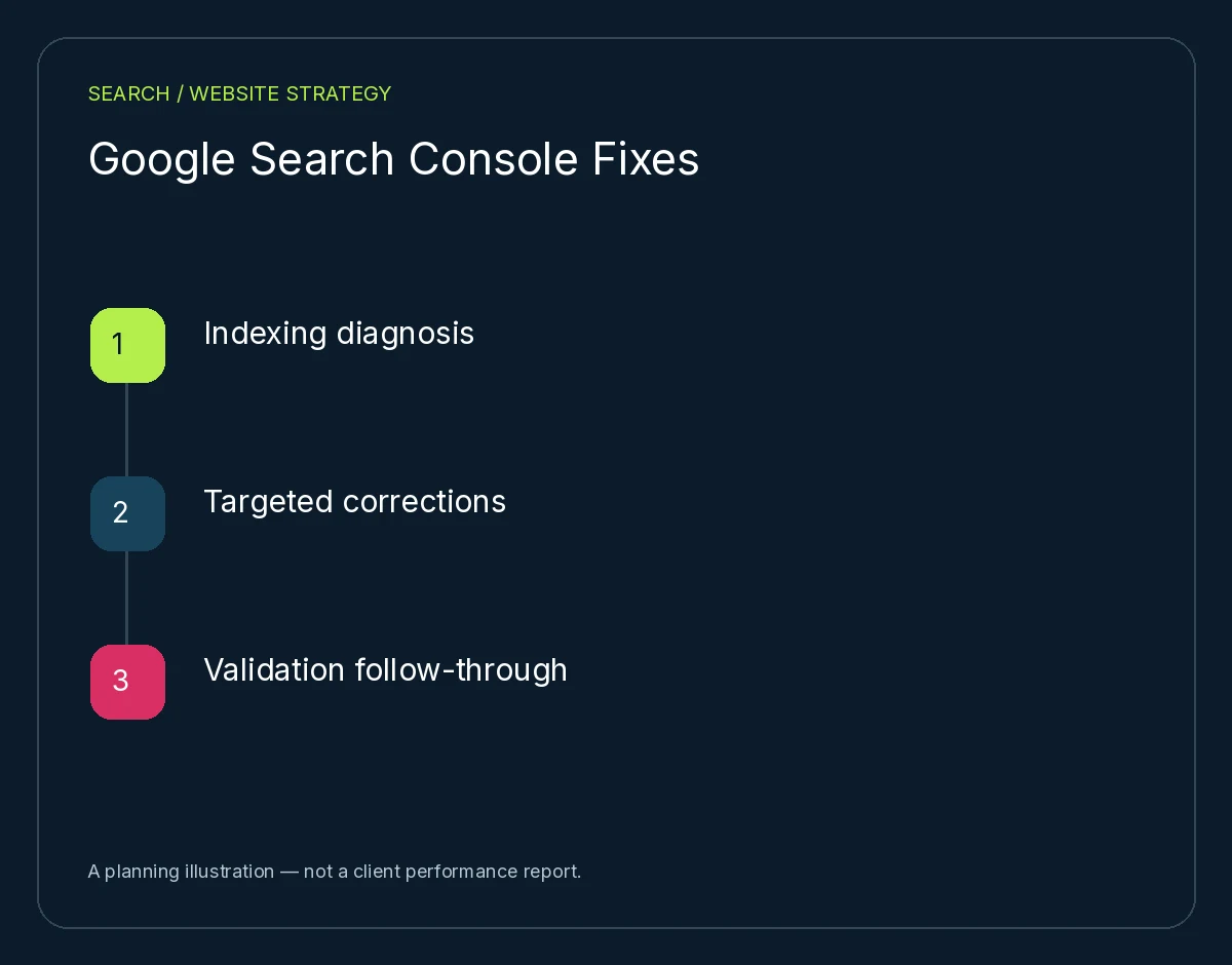 Google Search Console Fixes: Indexing diagnosis, Targeted corrections, Validation follow-through. Planning illustration, not client results.