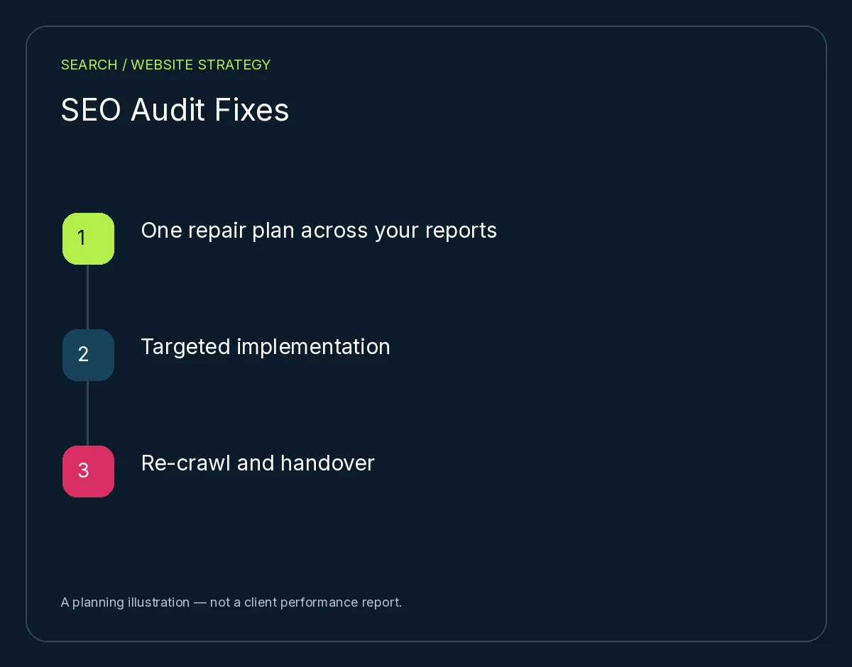 SEO Audit Fixes: One repair plan across your reports, Targeted implementation, Re-crawl and handover. Planning illustration, not client results.