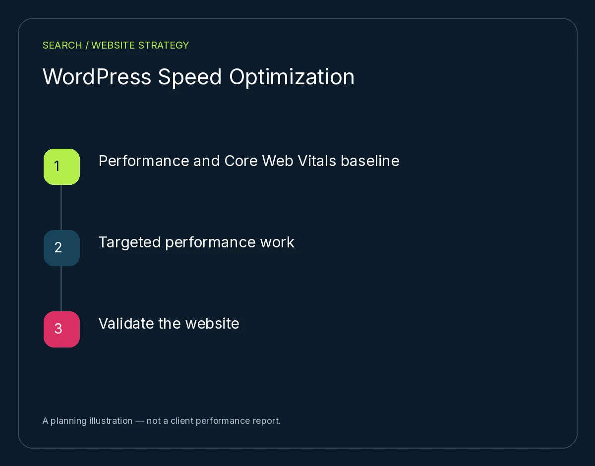 WordPress Speed Optimization: Performance and Core Web Vitals baseline, Targeted performance work, Validate the website. Planning illustration, not client results.