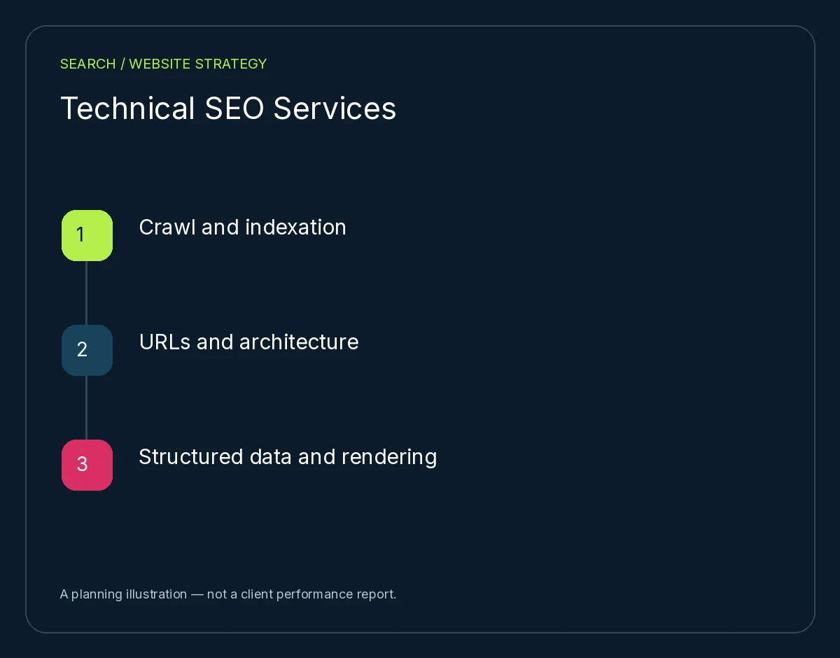 Technical SEO Services: Crawl and indexation, URLs and architecture, Structured data and rendering. Planning illustration, not client results.