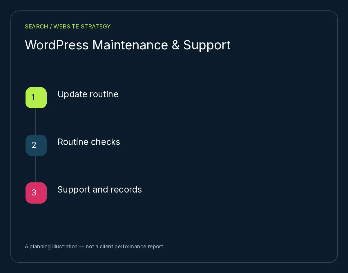 WordPress Maintenance & Support: Update routine, Routine checks, Support and records. Planning illustration, not client results.