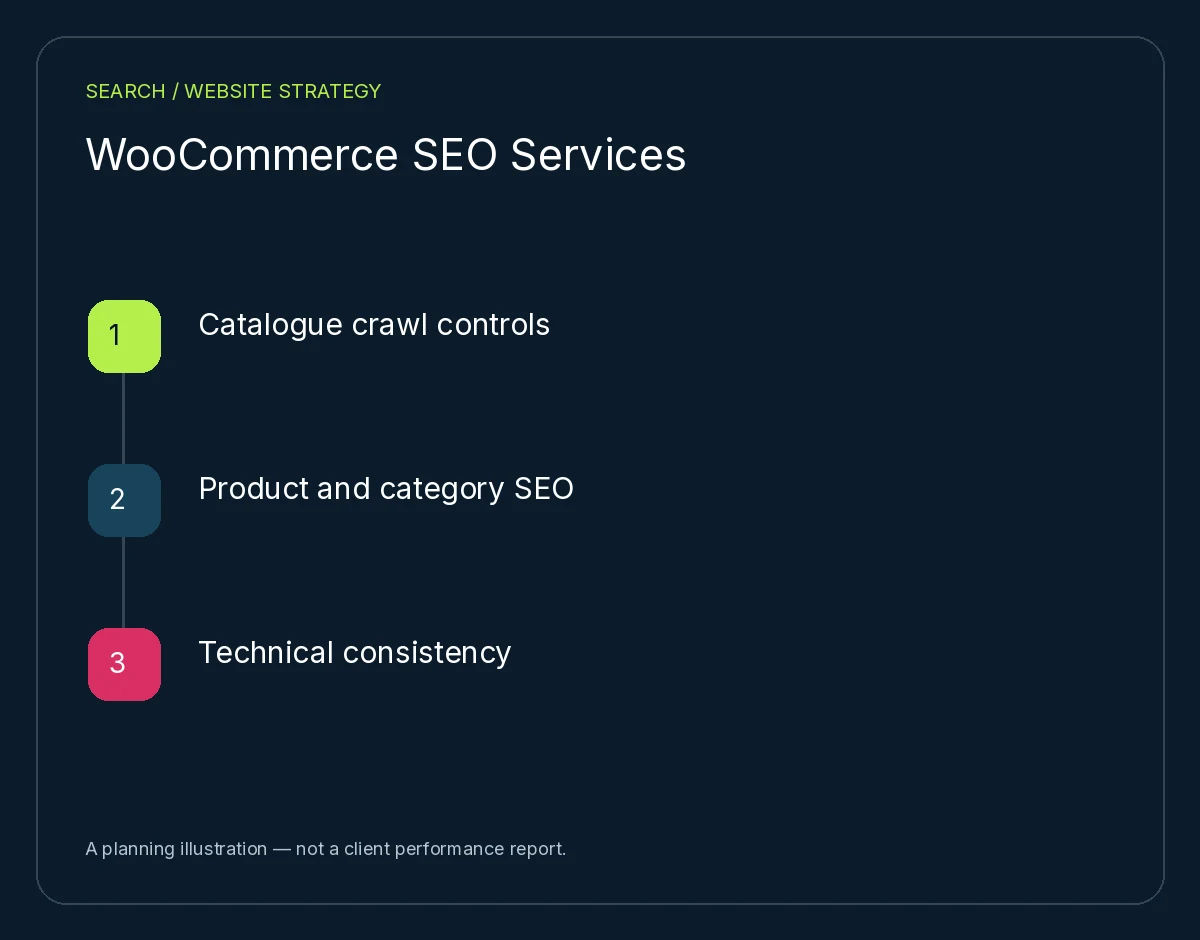WooCommerce SEO Services: Catalogue crawl controls, Product and category SEO, Technical consistency. Planning illustration, not client results.