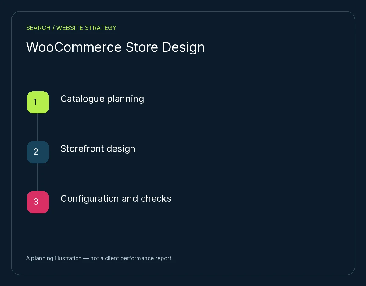 WooCommerce Store Design: Catalogue planning, Storefront design, Configuration and checks. Planning illustration, not client results.