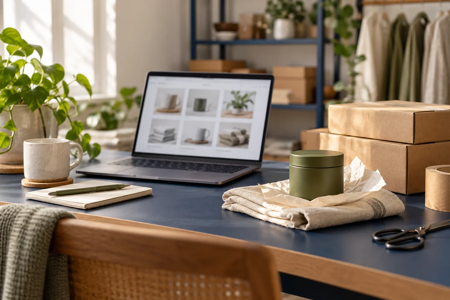 Editorial ecommerce workspace with products and packaging